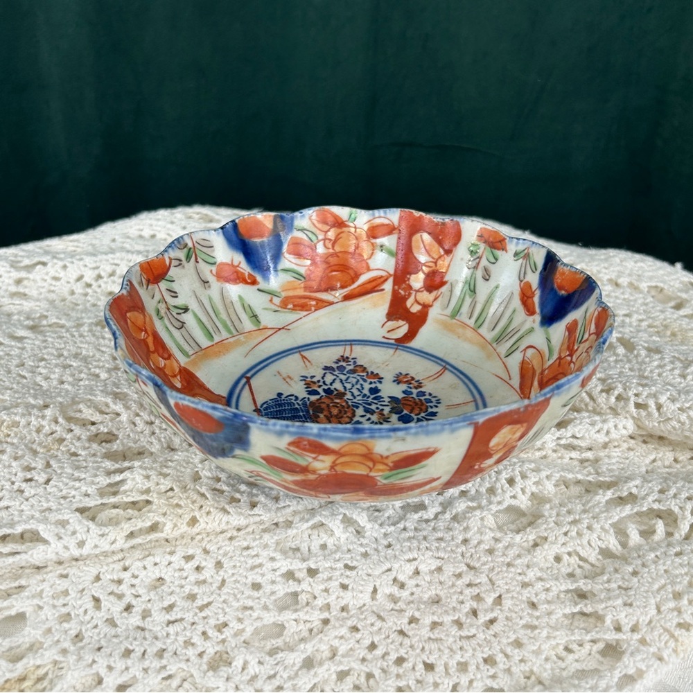Antique 19th Century Orange and Blue Japanese Imari Floral Bowl